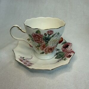 Meritage Vintage Floral Teacup and Saucer Set Victorian Style Ceramic Rose